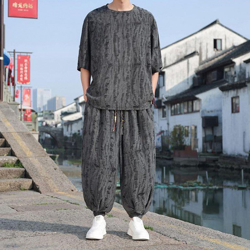 Men's Thin Short-sleeved Two-piece Suit - Black Pants Loose Fit Multiple Sizes