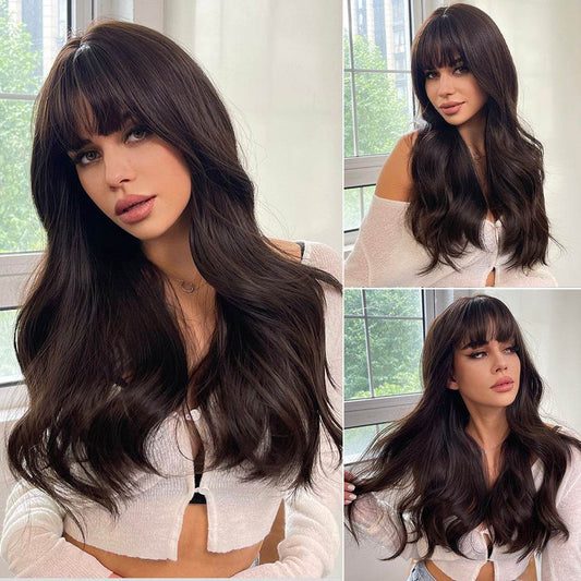Long Brown Wigs With Bangs Wave Synthetic For Women - Millivan supplies