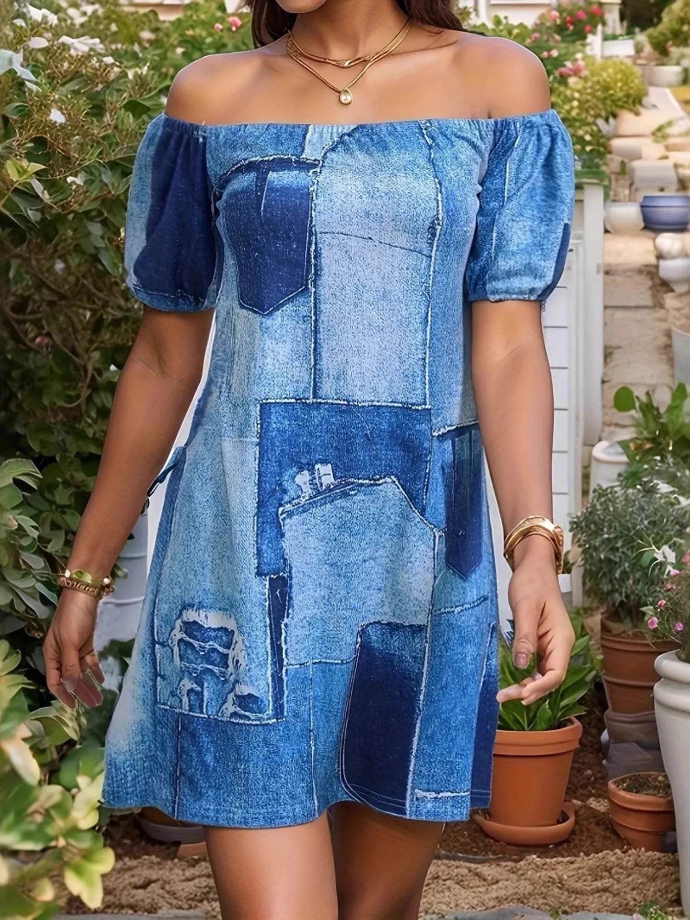 Patchwork Off Shoulder Denim Mini Dress - Millivan supplies