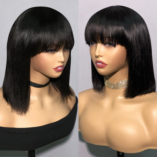 Two mannequins with black wigs on a plain background