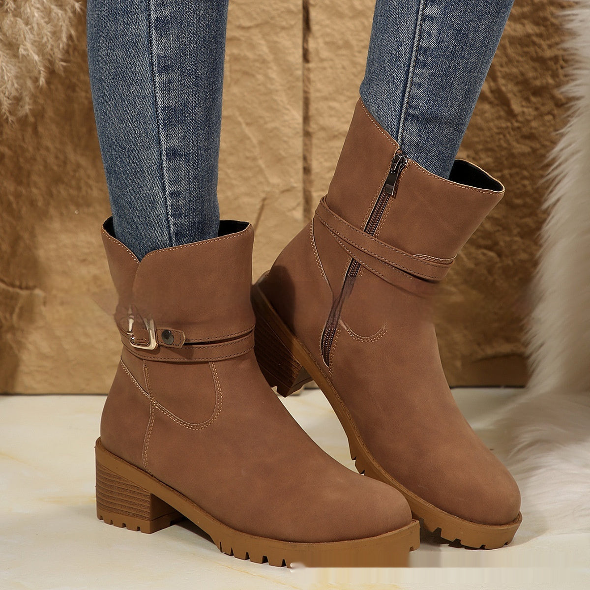 Women's Belt Buckle Ankle Boots - Adult Elastic Band Retaining Ring Boots