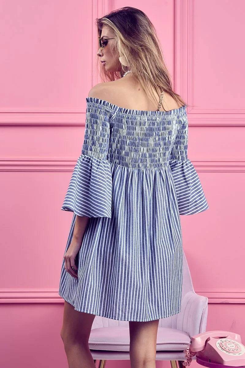 BiBi Smocked Off Shoulder Striped Dress - Millivan supplies