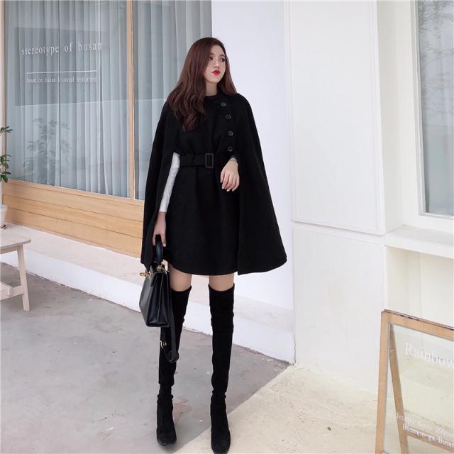 Women's French Socialite Cape Shawl Woolen Coat - Adult Elegant Winter Outerwear