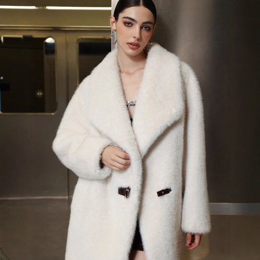 Women's Casual Versatile Collared Warm Fur Jacket - White Polyester Long Sleeve 80cm with Belt