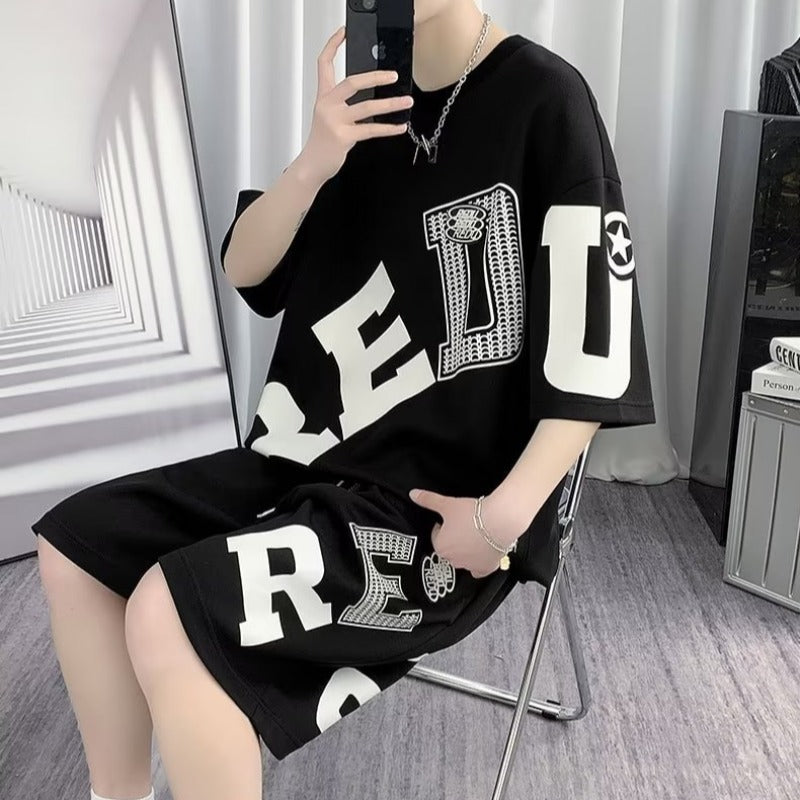 Men's Fashion Casual Printing Short-sleeved Shorts Suit - Cotton Leisure Set