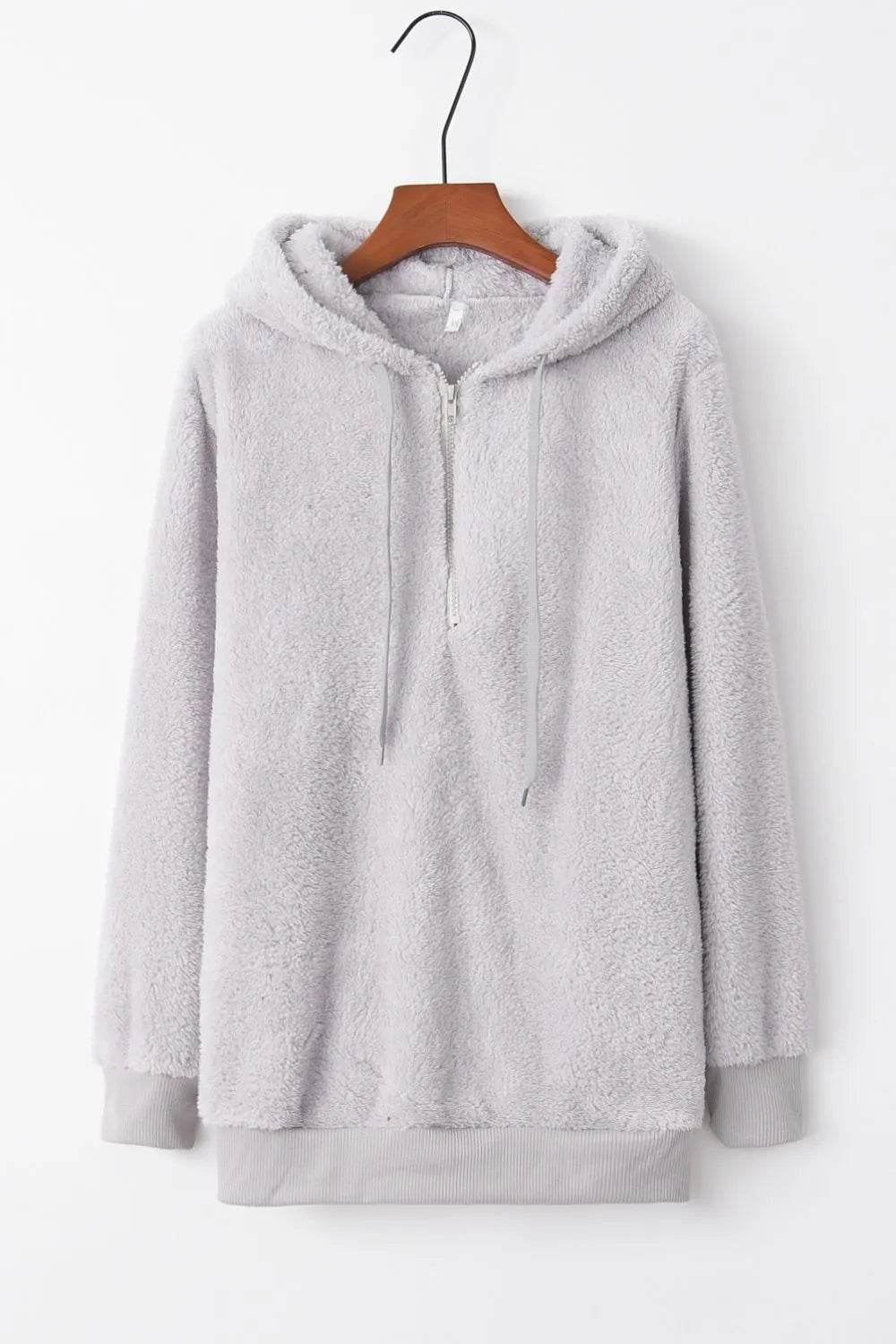 Full Size Quarter-Zip Drawstring Teddy Hoodie - Millivan supplies