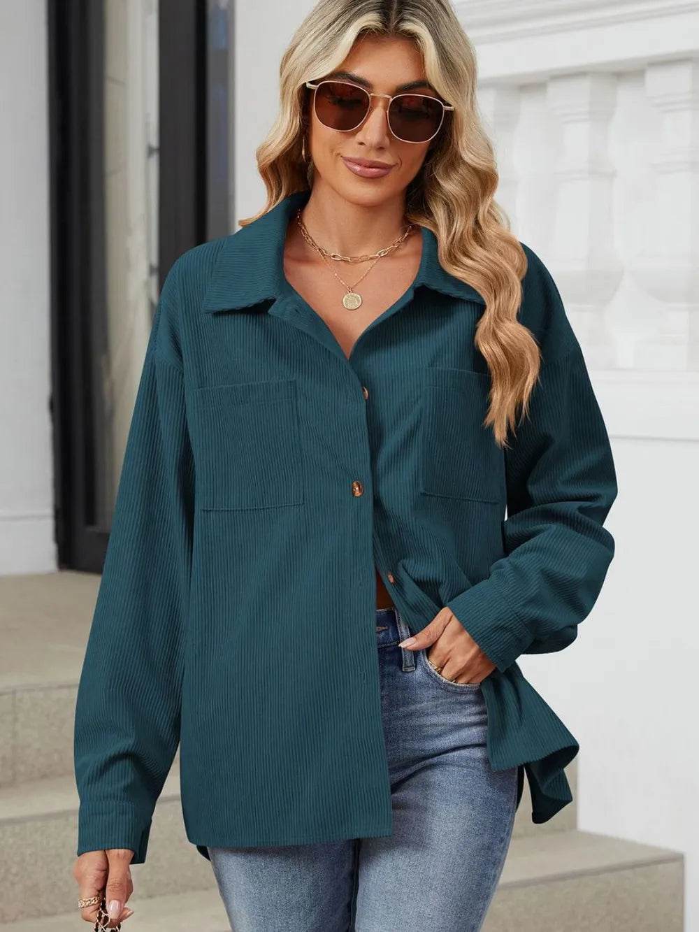 Button Up Dropped Shoulder Long Sleeve Outerwear - Millivan supplies