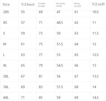 Measurement chart for clothing sizes with various dimensions listed.