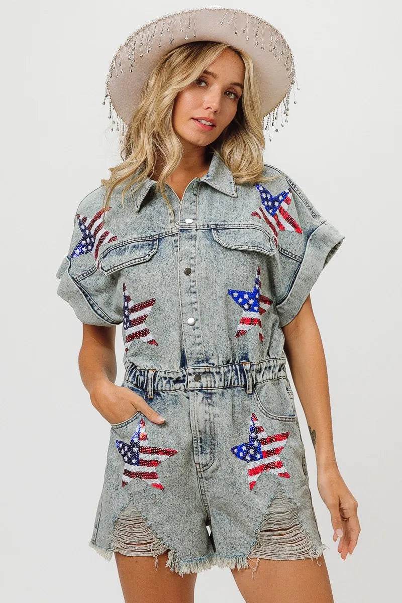 BiBi American Flag Washed Romper - Millivan supplies