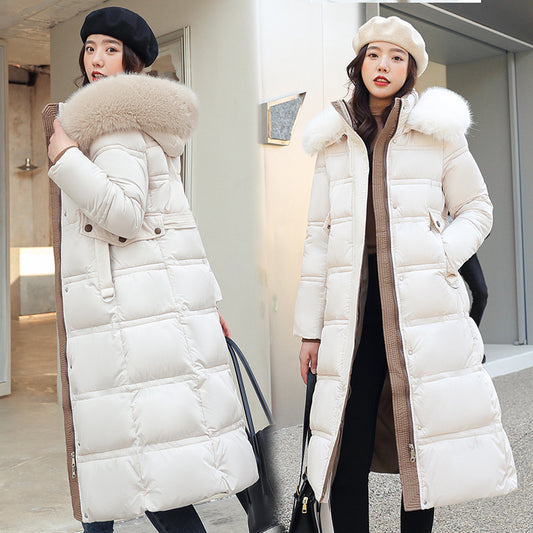 Woman wearing a long white puffer coat with fur hood in two different settings.
