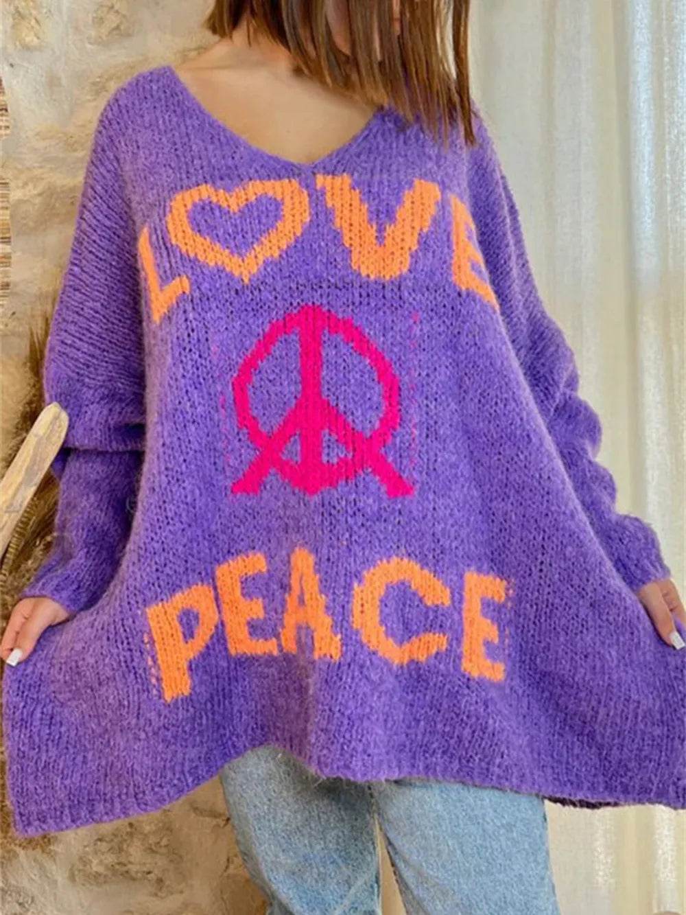 Peace Graphic V-Neck Long Sleeve Sweater - Millivan supplies
