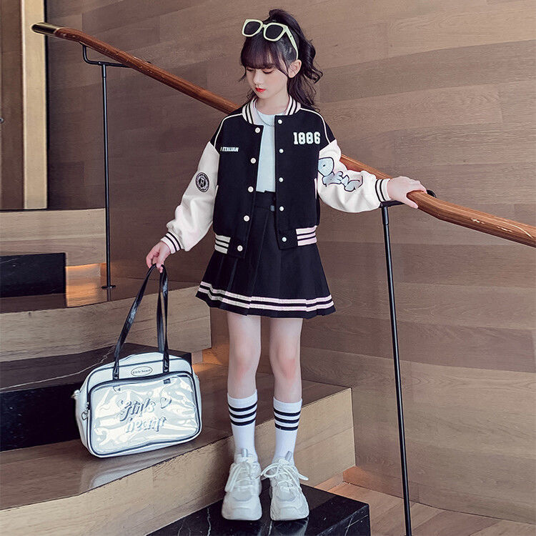 Children's Baseball Jacket, College Style, Pleated Skirt, Two-piece Set