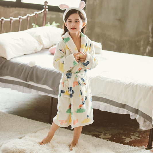Girls Flannel Nightgown - Thickened Winter Pajamas with Cute Bear Design