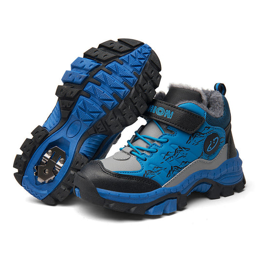 Pair of blue and gray children's hiking boots on a white background