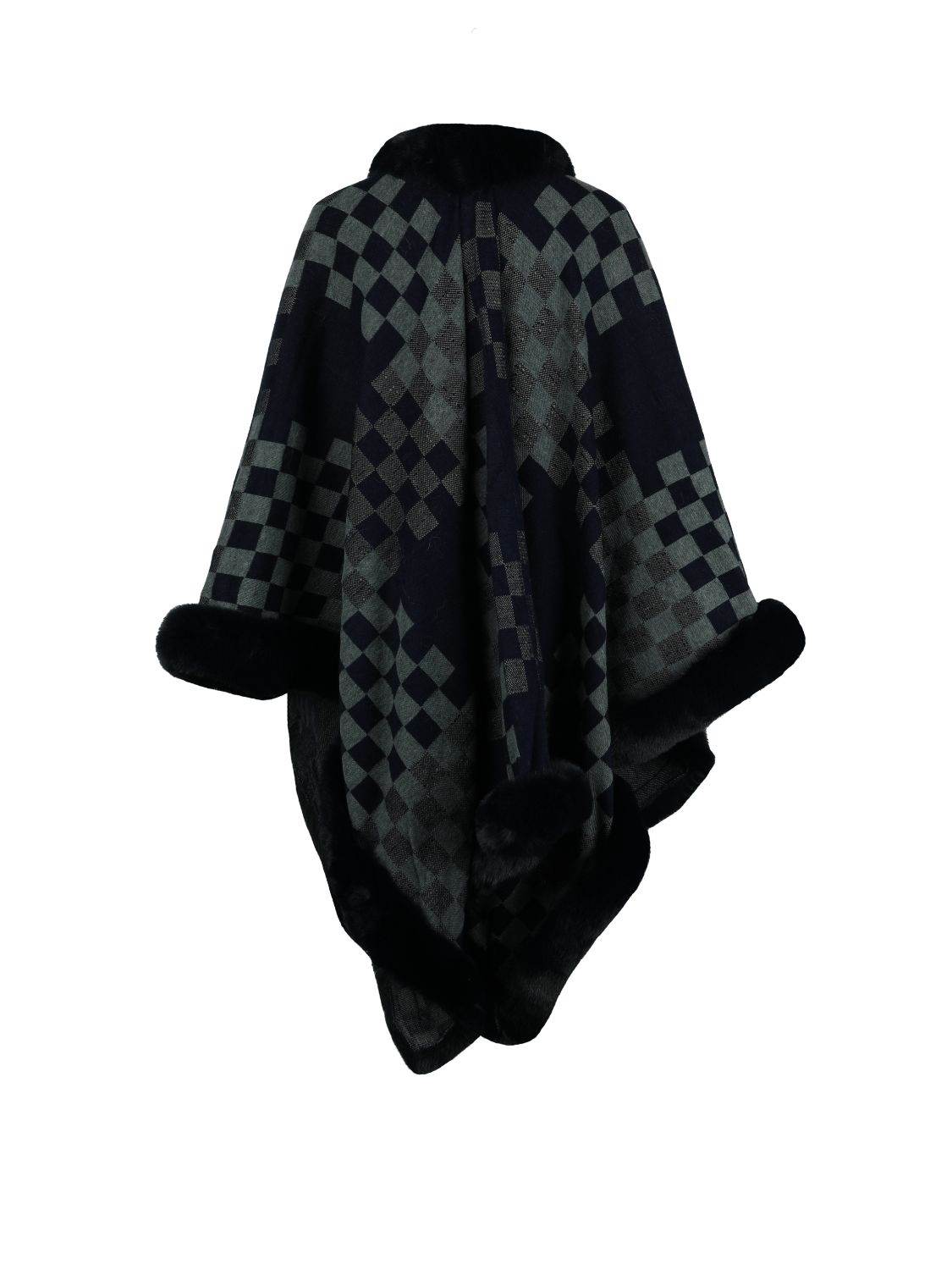 Checkered Faux Fur Trim Poncho - Millivan supplies