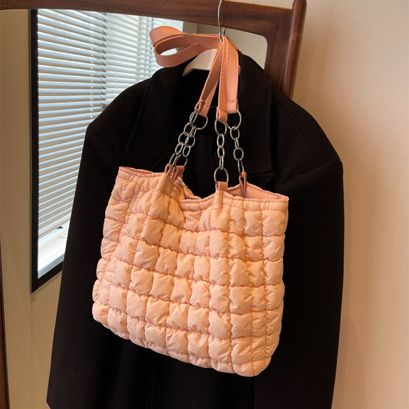 Chain Plaid Down Handbag - Bubble Designer Tote