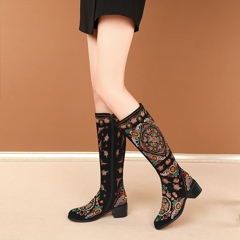 Frosted Embroidery Flower High Boots Female