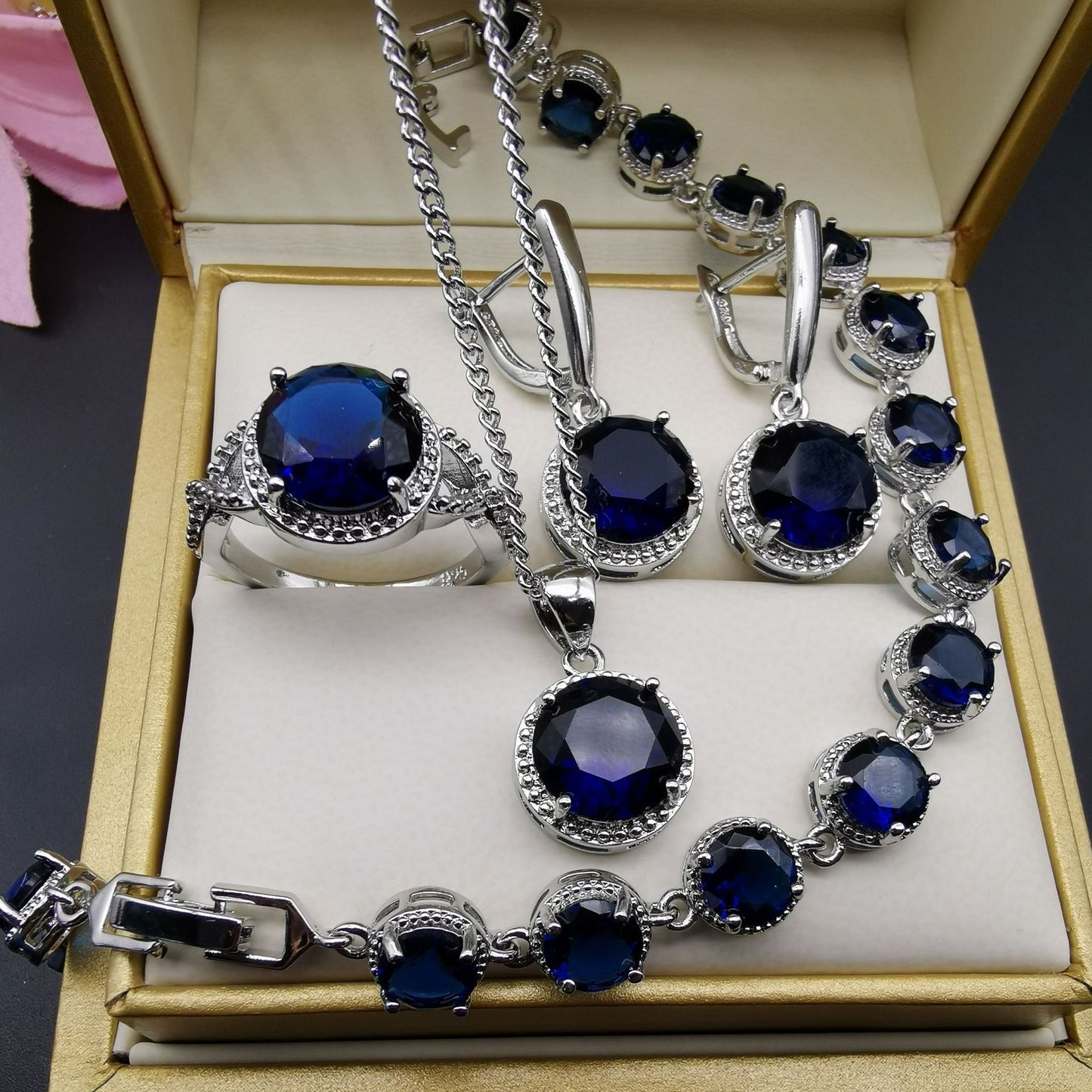 Women's Diamond Jewelry Set - Adult 4-Piece Blue Ring Set Size 10