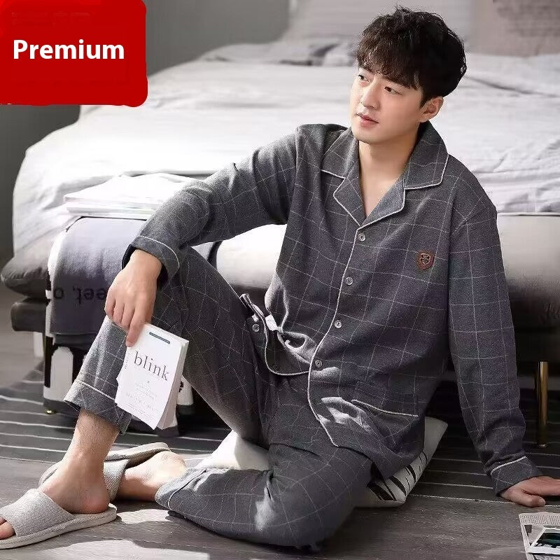 Men's Cotton Pajama Suit - Adult Autumn Winter Long-Sleeve Home Wear