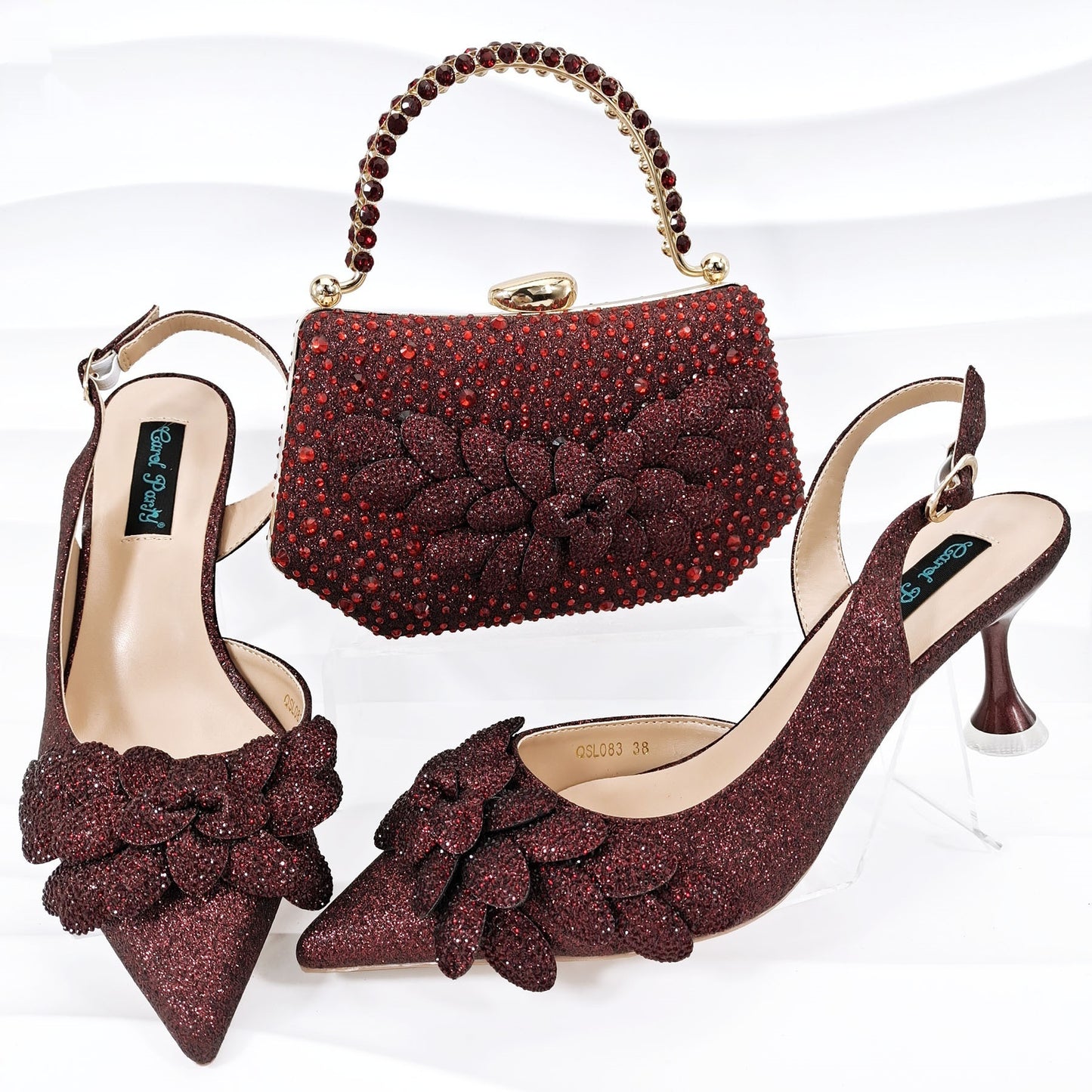 Women's Party Shoes Bag Set - Wine Red Handmade Leaf Decorative Wine Glass Heel Multiple Sizes