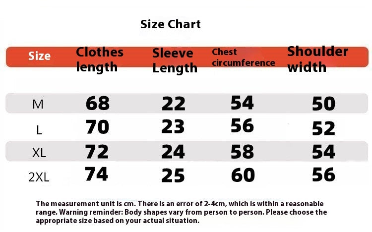 Size chart for clothing with measurements in centimeters