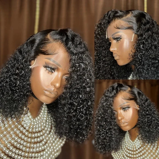 Collage of a woman with styled hair and pearl necklace against a brown background