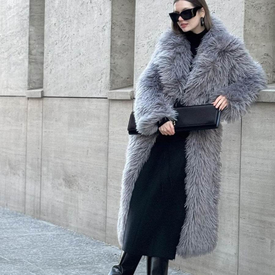Gray Lapel Extended Plush Coat Warm Thickened Fleece-lined - Millivan supplies