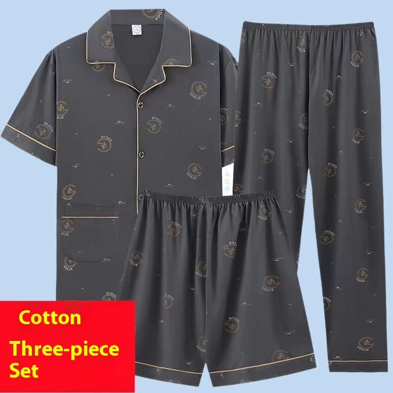Men's Summer Cotton Pajamas - Adult Three-Piece Short Sleeve Set