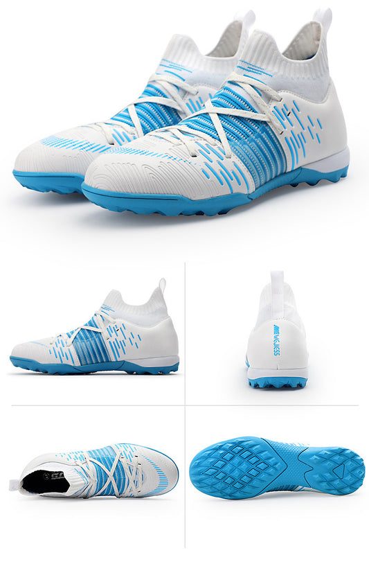 White and blue soccer cleats shown from multiple angles on a white background