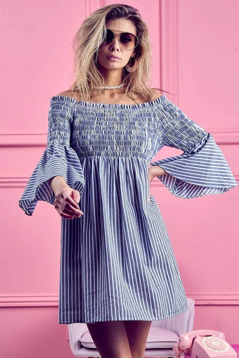 BiBi Smocked Off Shoulder Striped Dress - Millivan supplies