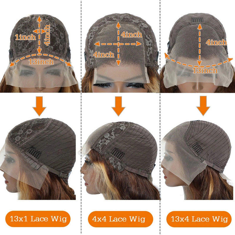 Comparison chart of different lace wig patterns on mannequin heads.