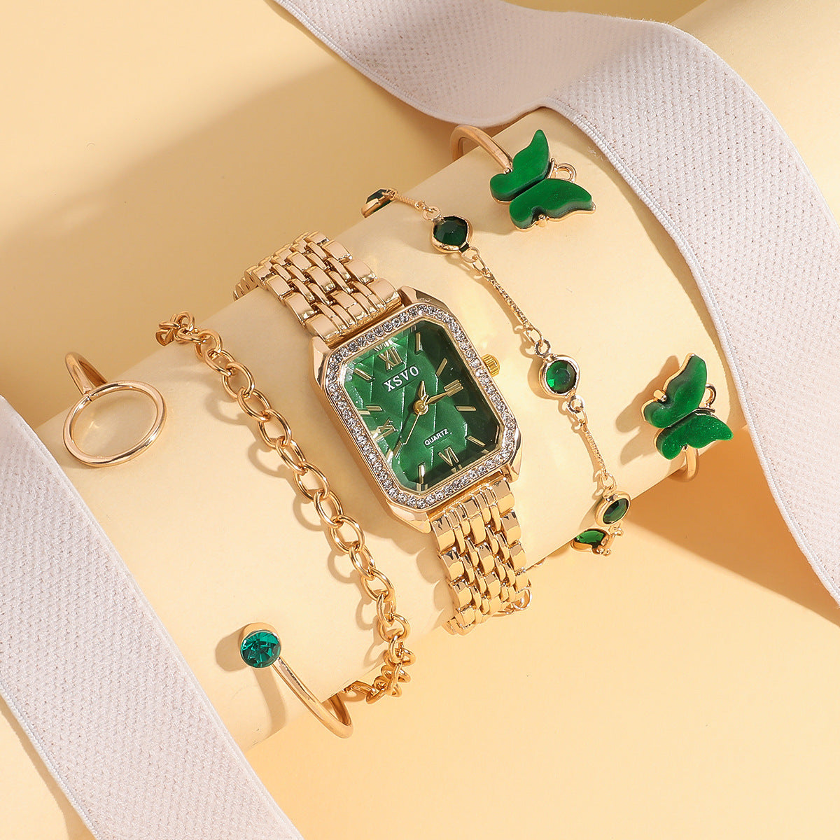 Wild Emerald Square Watch & Butterfly Bracelet Set