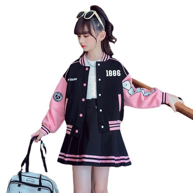 Children's Baseball Jacket, College Style, Pleated Skirt, Two-piece Set