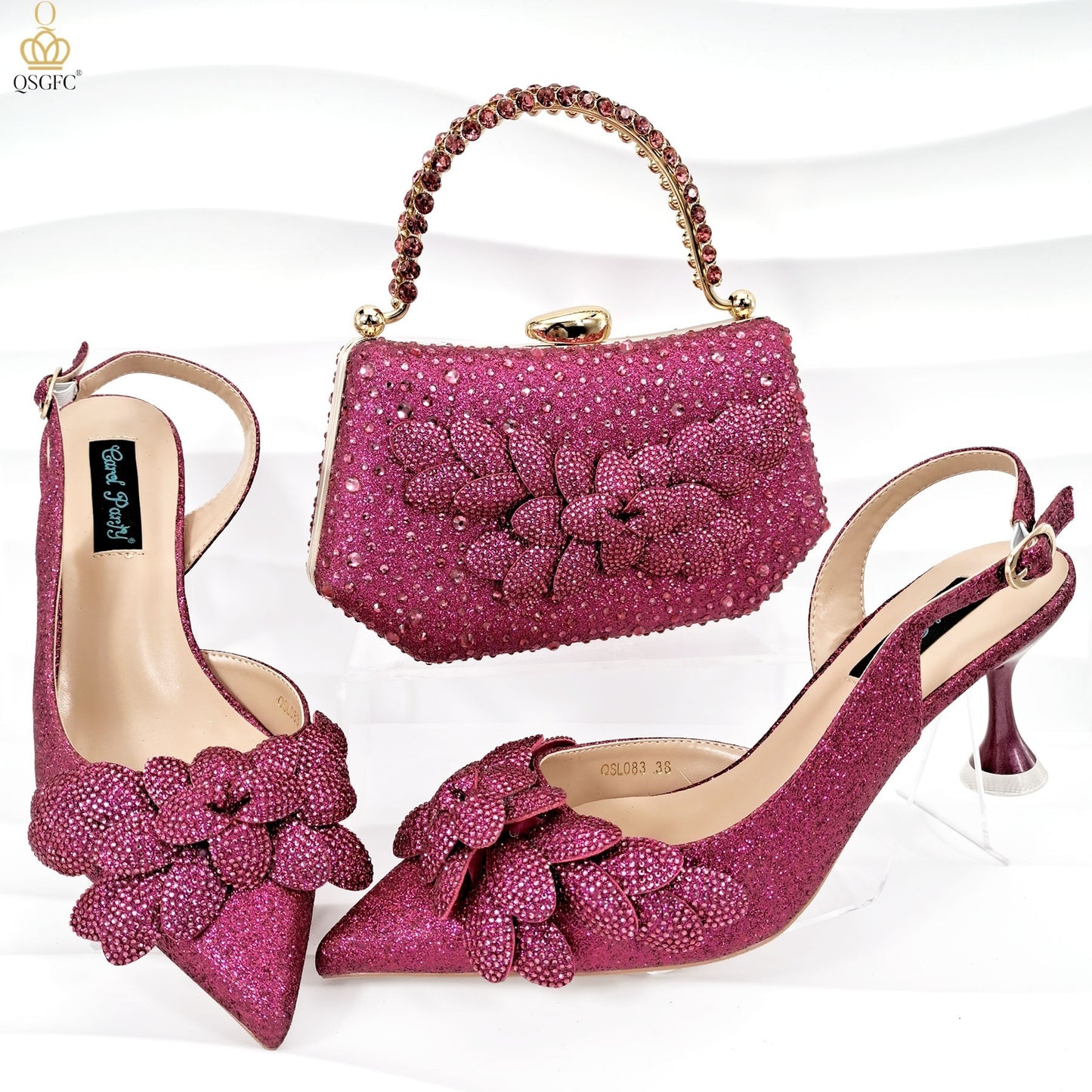 Women's Party Shoes Bag Set - Wine Red Handmade Leaf Decorative Wine Glass Heel Multiple Sizes