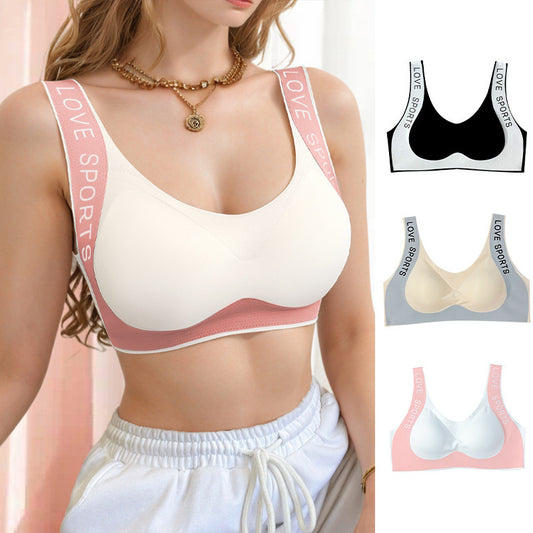 Woman wearing a white sports bra with pink straps and 'LOVE SPORTS' branding, with additional images of the bra in different colors.