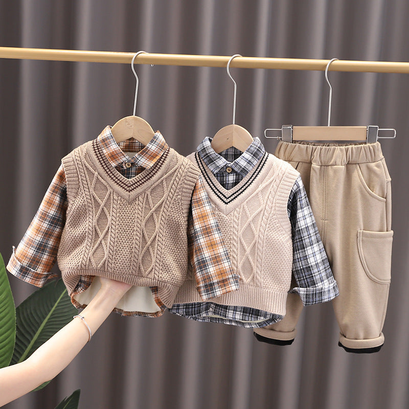 Boys' Fashion Sweater Vest Three-Piece Set - Children's Personality Outfit