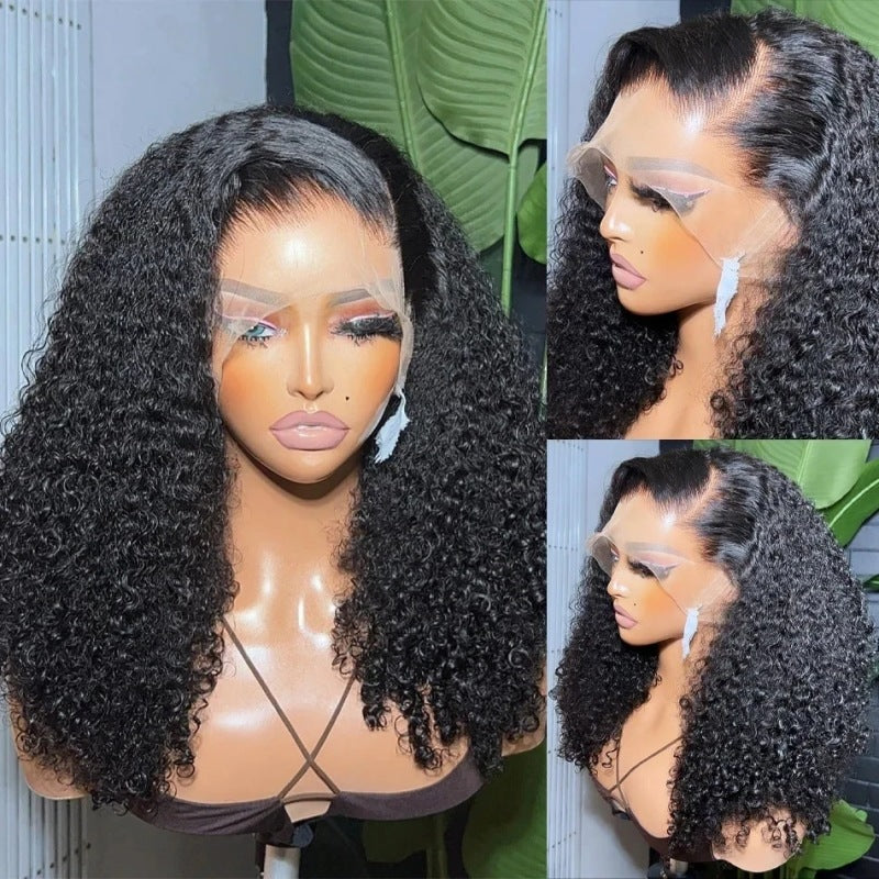 Black curly wig displayed on a mannequin head with close-up shots of the hairline.