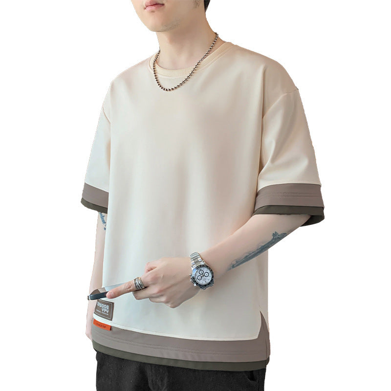 Men's Japanese Color Matching Three-Piece Shirt - Adult Short Sleeve Stitching Design