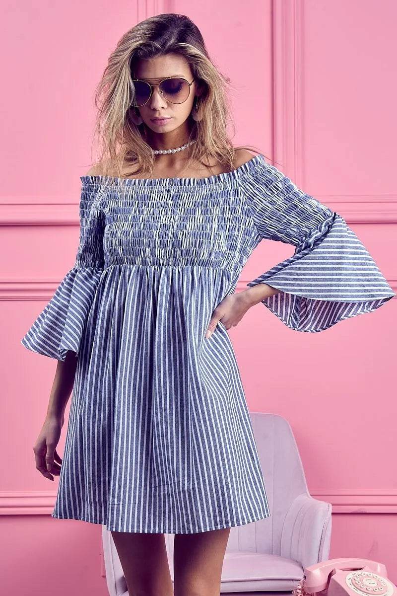 BiBi Smocked Off Shoulder Striped Dress - Millivan supplies