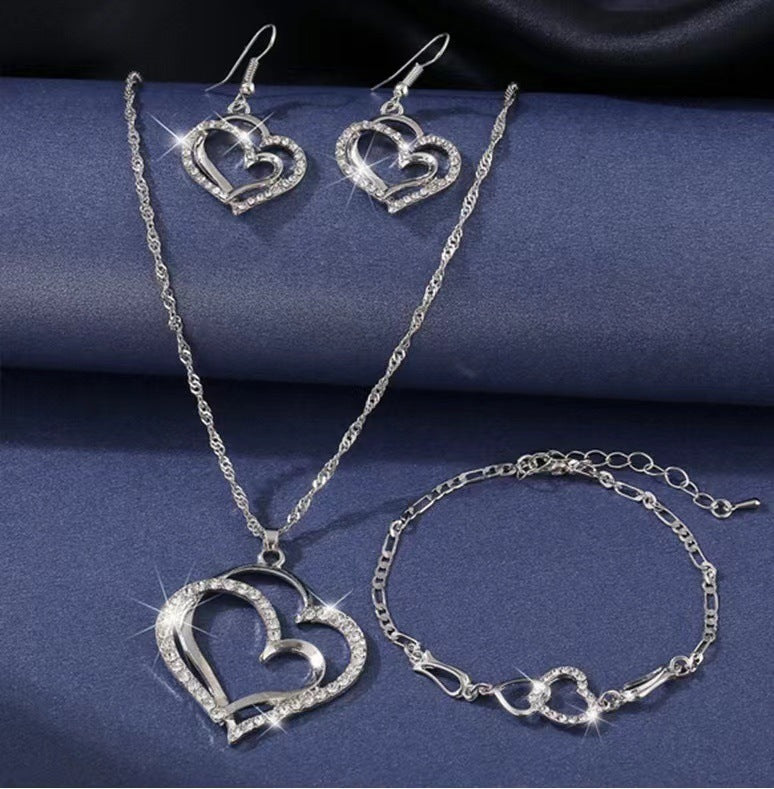 Korean Style Fashion Double Love Light Luxury Silver White Golden Two-color Beautiful Bracelet Necklace And Earrings Suite Gift