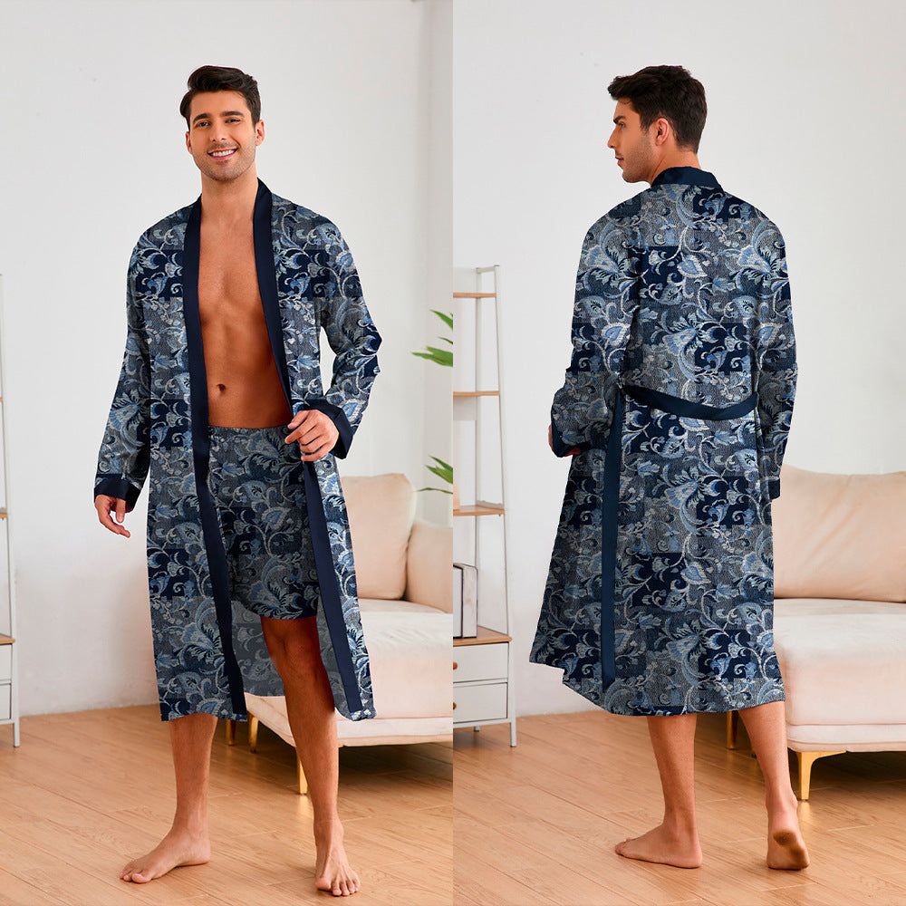 Men's Printed Robes Set - Long Sleeve Top & Shorts Suit