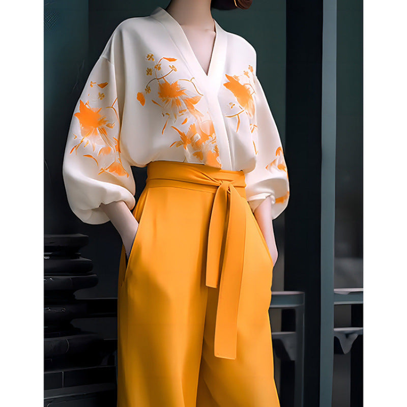 Women's Retro Two-Piece Set - Adult Slimming Shirt & Wide-Leg Pants Suit