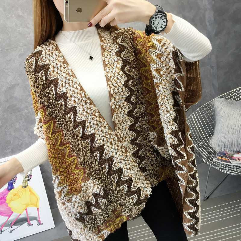 Bohemian Thick Thread Ethnic Knit Jacket - Loose Ripple Pattern Acrylic One Size