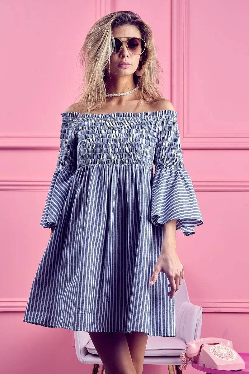 BiBi Smocked Off Shoulder Striped Dress - Millivan supplies