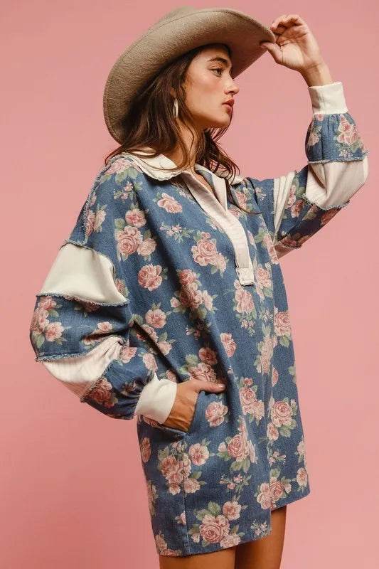BiBi Washed Floral Denim Romper With Contrast Collar - Millivan supplies
