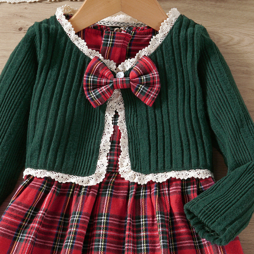 Girls Autumn Knitted Lace Top Plaid Vest Skirt Suit