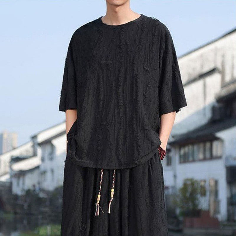 Men's Thin Short-sleeved Two-piece Suit - Black Pants Loose Fit Multiple Sizes