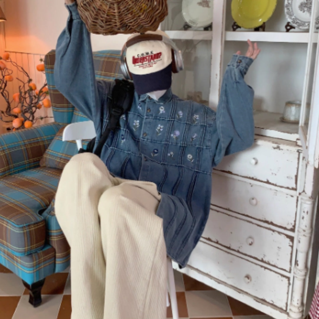 Vintage Small Floral Pleated Washed Denim Long Sleeved Shirt