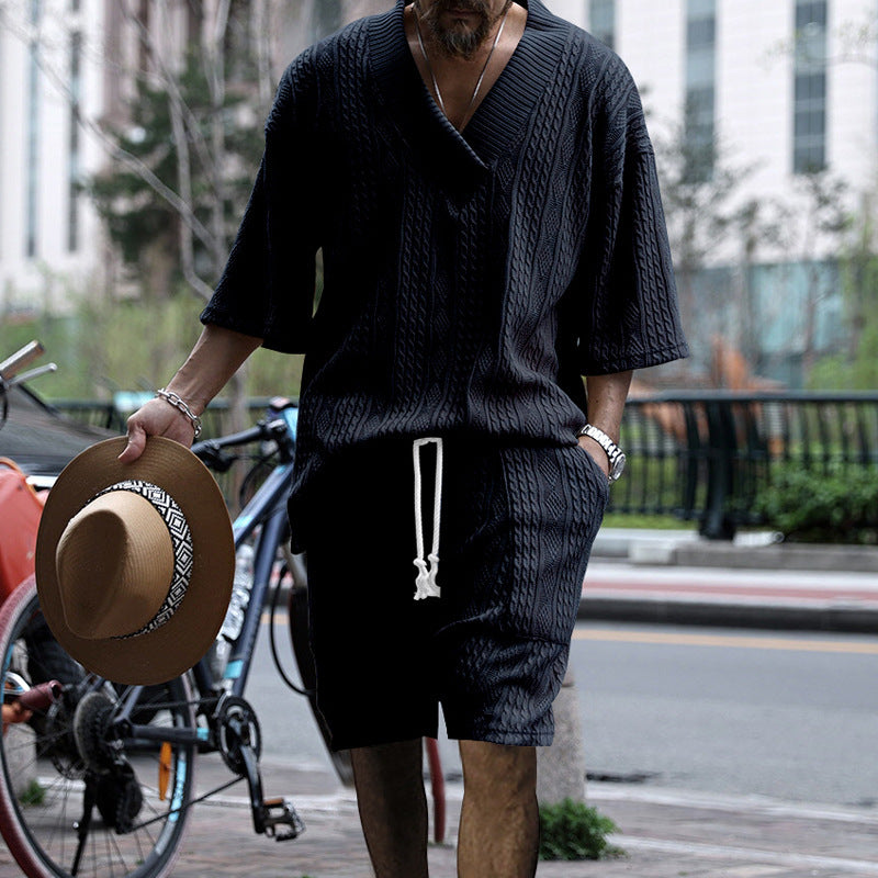 Casual Jacquard Suits Summer V-neck Short-sleeved T-shirt And Drawstring Pocket Shorts Fashion 2pcs Set