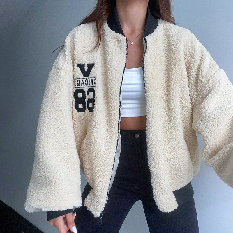 Women's New Letter Embroidered Loose Casual Lamb Wool Jacket - Adult Fashion Outerwear